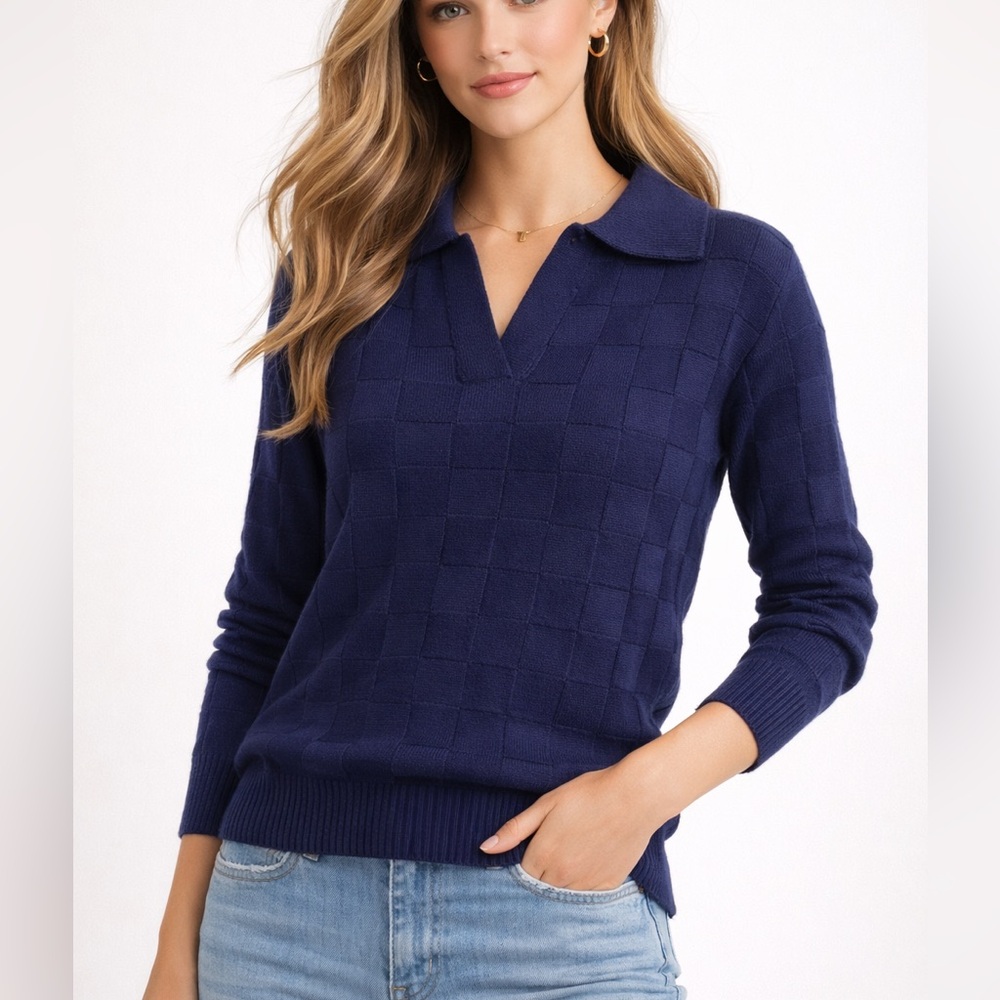 Navy Textured Collared Sweater Size L Cozy Preppy Knit Pullover